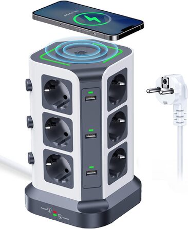 Многорозетка Koosla з USB-C, 12 розеток, захист від перенапруги 1500 Дж, індивідуальне вмикання, 5 м кабель, сіра (бездротовий заряд 30 Вт)