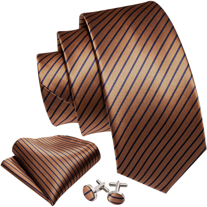 Комплект краваток Barry.Wang: Шовкові краватки, нагрудна хустинка, запонки, смугасті та клітинчасті моделі для святкової події або весілля. Колір: кавовий.