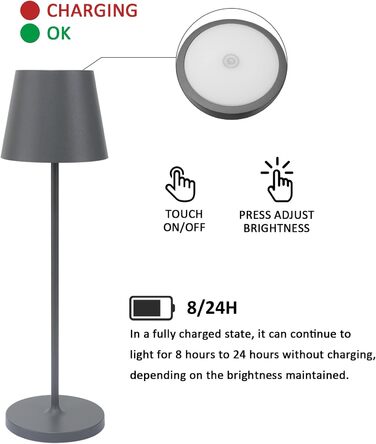 LED настільна лампа K-Bright з регулюванням яскравості, акумуляторна, тепле світло, для дому та вулиці, USB-зарядка, 1 шт. (темно-сірий)