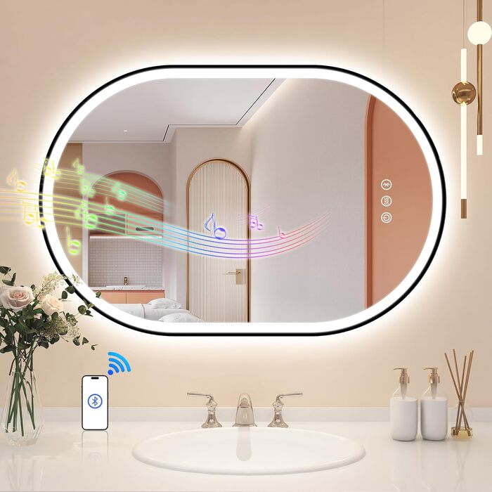 Дзеркало для ванної кімнати LED Starlead Munich 90x60 см з підсвічуванням, Bluetooth, регулюванням яскравості, 3 кольори світла, антизапарник, функція пам'яті, HD скло, IP44, горизонтальне/вертикальне встановлення, без рамки