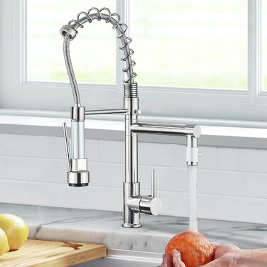 Кухонний змішувач з двома виливами, поворотний на 360°, з високим виливом та спіральною шланговою насадкою. Змішувач для кухні з нержавіючої сталі, оброблений під мідь (щіткова обробка).