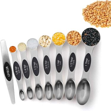 Measuring spoons, stainless steel, double-head measuring spoons, 8-piece set, spice scale, measuring spoons, measuring cups, scraper, baking tool (black, one size) (black, one size)