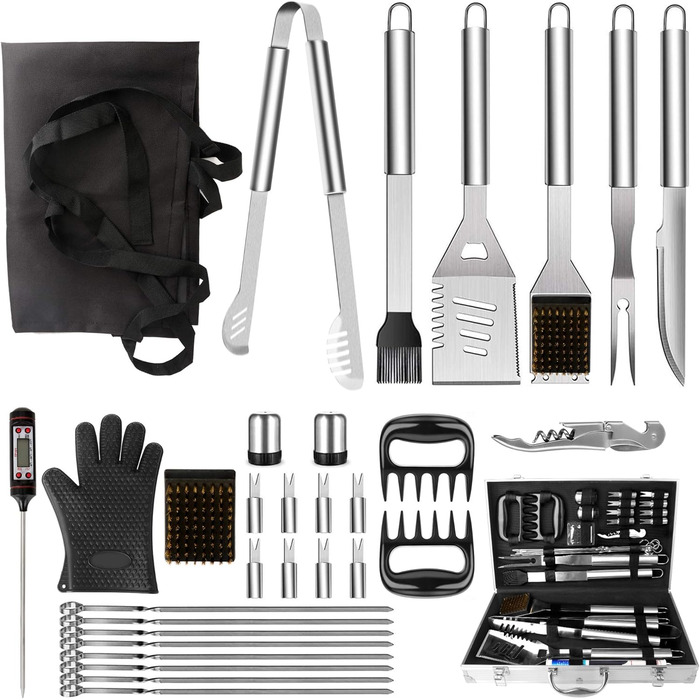 BBQ Grill Utensil Set 32PCS Stainless Steel Grill Accessories with Long Handles, Grill Tongs, Meat Claws, Grill Set Aluminum Grill Case for Camping Ideal Grill Utensil Gift for Men