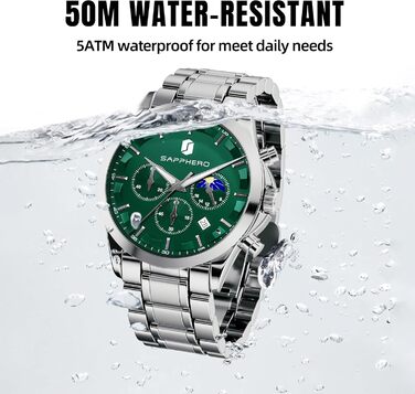 Годинник чоловічий BENYAR Chronograph Аналоговий кварц Водостійкий з датою. Елегантний бізнес-стиль. Чудовий подарунок для чоловіків (срібний браслет/зелений циферблат)