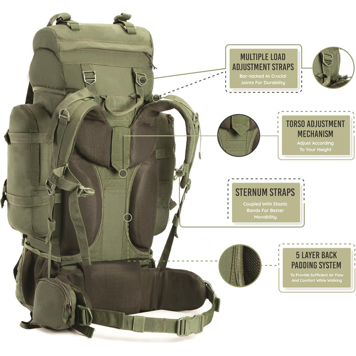 Tripole Rucksack from the Colonel Series with Internal Frame - Featuring Detachable Daypack and Rain Cover (95 Liters, Green (Army Green))