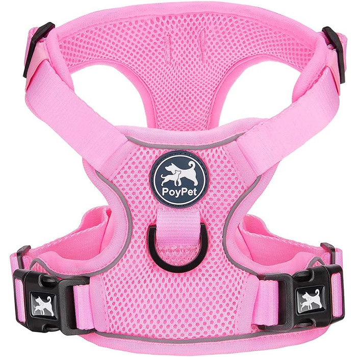 Шлейка для собак PoyPet світловідбиваюча, м'яка, дихаюча, сітка, без ризику удушення, з подвійним наповнювачем, регульована, рожева (M, 1 шт.)