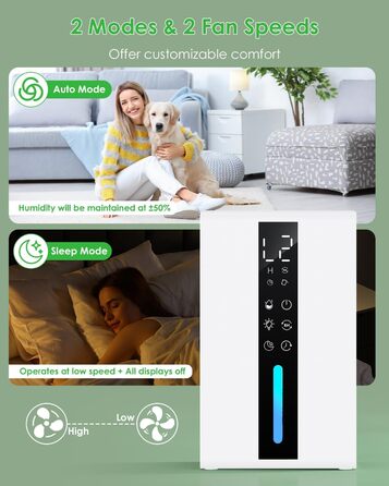 Електричний осушувач повітря 1.8L з антизаморожувальним захистом, 2 швидкості та 2 режими, таймер 48H, RGB підсвітка, для спальні, ванної кімнати та гуртожитку 1800 мл