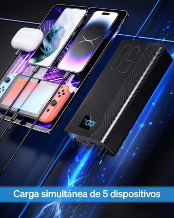 Power Bank 50000 mAh з вбудованим кабелем, швидка зарядка 22.5W, LED ліхтарик, 7 портів (3 входи) - портативний акумулятор