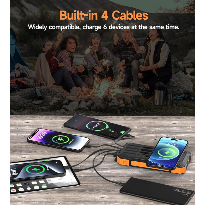 Портативний зарядний пристрій Solar Powerbank 56800 mAh з бездротовою зарядкою, 30W PD, 6 виходів, ліхтарик, велика ємність для кемпінгу та подорожей (Помаранчевий)