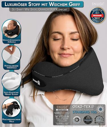 Подушка для шиї SNUGL з Memory Foam, регульована та миюча | Зручна подушка для подорожей на літаку, в авто та в дорогу | Подушка-шиїчкі SNUGL (Чорний, для дорослих)