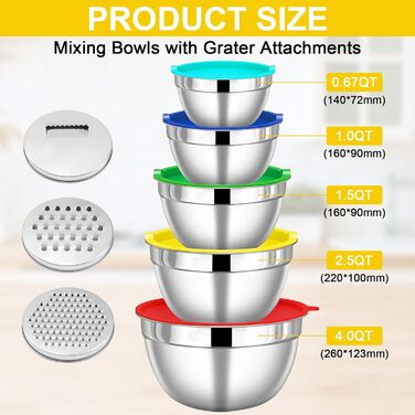 Набір місок з нержавіючої сталі 5 шт. з кришками – 4.5L/2.7L/1.6L/1.1L/0.7L – з 3 тертками, неслизькі та стіклі, придатні для миття в посудомийній машині для кухні та випічки