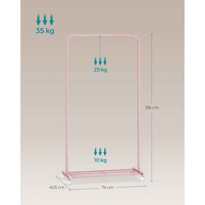 SONGMICS Clothes Rack, Rolling Garment Rack, Metal Wardrobe Stand, Rolling Wardrobe 91 cm wide, with Shelf, 2 Swivel Wheels with Brake, Rod Load Capacity up to 40 kg, HSR025A01 (Pastel Pink, 74x40.5x158cm)