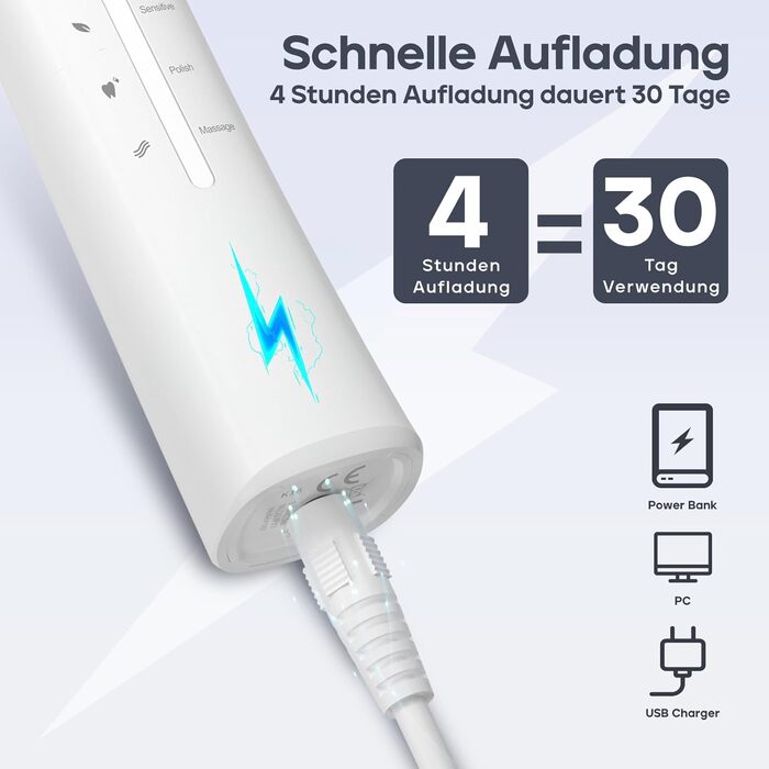 Електрична звукова зубна щітка Seago SG-958 (біла), 40000 вібрацій/хв, 5 режимів, 8 насадок, USB-зарядка