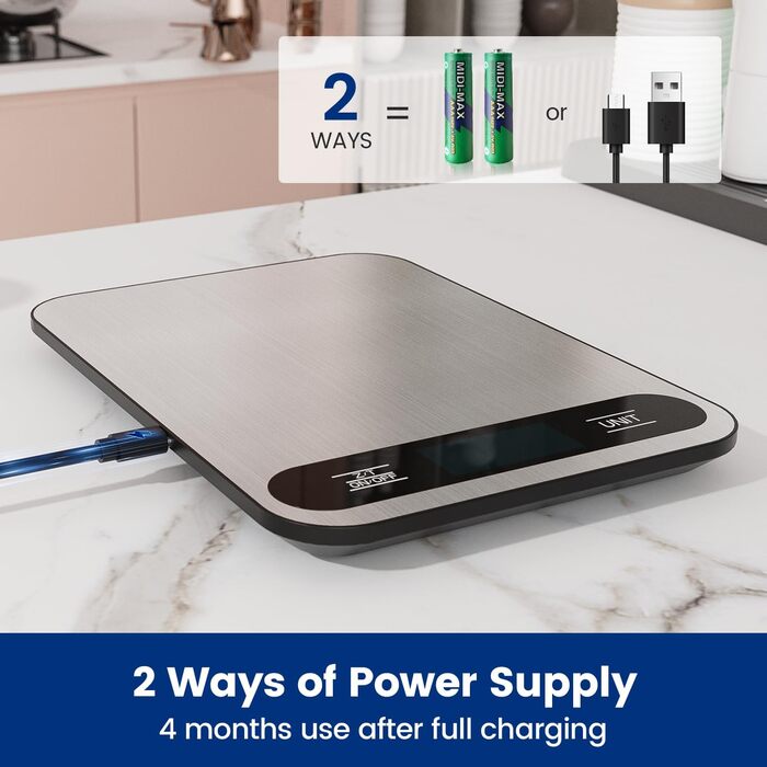 Кухонні ваги цифрові, USB-C, 15 кг, точність 1 г, срібні (з батарейками AAA)