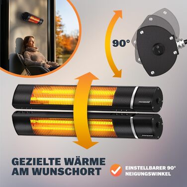 Інфрачервовий обігрівач MONZANA® MZH2000 з золотою трубкою, 3 режими, пульт дистанційного керування, кут нахилу 90°, для вулиці, тераси, 2000W