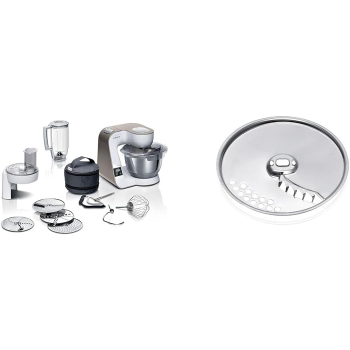 Bosch Kitchen Machine Series 4 MUM5XW20, 3.9 L Stainless Steel Bowl & French Fry Cutter MUZ45PS1, Reversible Disc White / Champagne 2 Accessories Bundle with Disc