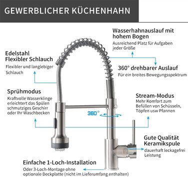 Кухонний змішувач AIMADI висувний, високотискний, з 2 режимами (струя та розпилення), поворотний на 360°, однорідний, для кухонної мийки (з нержавіючої сталі)
