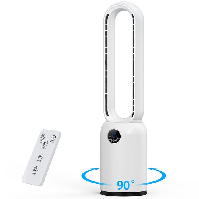 Безлопатий вентилятор з дистанційним керуванням, тихий, з LED-дисплеєм, 90° гойдання, 24 швидкості, 12H таймер, підлоговий вентилятор для дому (білий)