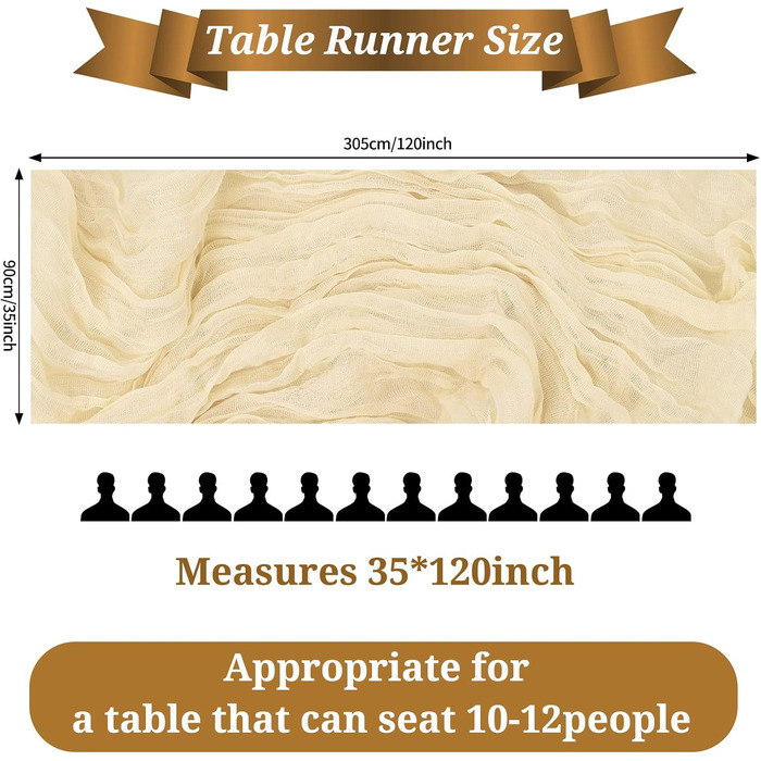 6Pack Beige Cheesecloth Table Runner, Rustic Gauze Table Runner, 90x300cm Cheesecloth Gauze Table Runner, Cheesecloth, Boho Table Runner for Wedding, Birthday, Party (Beige)