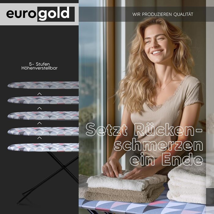 Прасувальна дошка EUROGOLD® Premium з турбо-покриттям 120x42 см - стабільна, регульована по висоті, з розеткою та антиковзними ніжками. Покриття з 100% бавовни (рожевий)