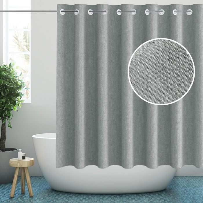 Штора для душу YISURE без гачків, льон, 120x200 см, сіра. Водовідштовхувальна тканина, машинне прання