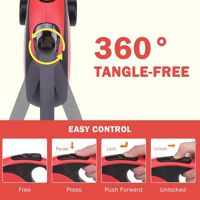 Рулетка для собак SCENEREAL - 7.9 м, для собак до 50 кг, міцна, з відмоткою, з анти-жувальною ниткою та дозатором для відходів (Червоний)