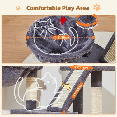 Дерев'яний кігтеточки Taoqimiao Klein 98 см - котячий будиночок з корзиною та 4 стовпчиками, MS029SW (темно-сірий)