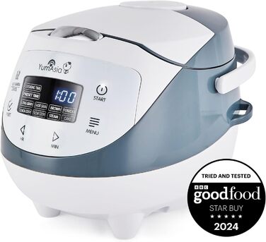 Yum Asia Panda Mini Rice Cooker with Ninja Ceramic Bowl and Advanced Fuzzy Logic (3.5 Cups, 0.63 Liters) 4 Rice Functions, 4 Multicooker Functions, 220–240V White / Grey