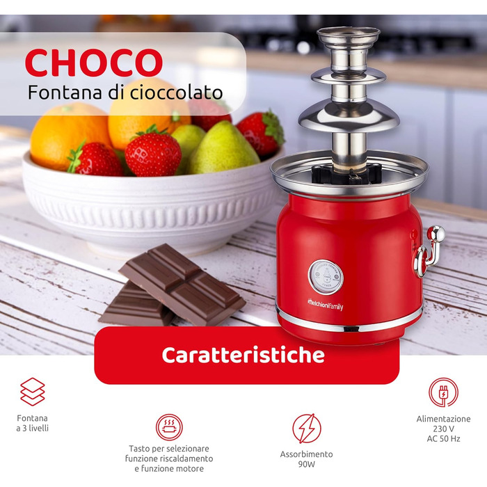 Шоколадний фонтан Melchioni Family Choco з 3 рівнями, з підігрівом та мотором, 90 Вт, червоний