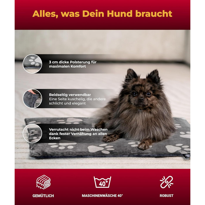 Плед для собак S (55x75 см) – двосторонній, м'який, з наповнювачем 3 см – ідеально для дивану, авто та переноски – лапка антрацит, Made in Germany 55 x 75 см лапка антрацит