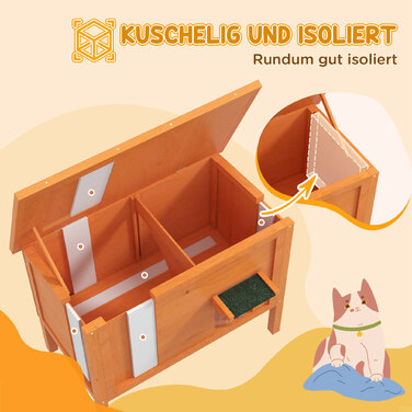 PawHut Wooden Cat House with Door Curtain, Outdoor, Insulated, Elevated Design, for Small Animals, Orange, 60x60x81.5cm | Aosom