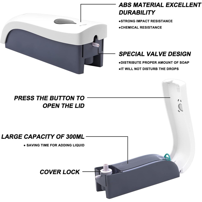 Настінний дозатор для мила без свердління, 300 мл. Підходить для мила, шампуню, дезінфікуючого засобу, миючого засобу. Чорний/Білий/Золотий (Білий)