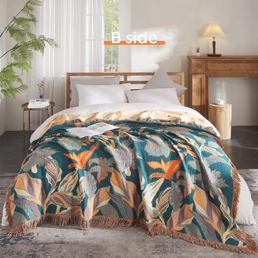 Богемна ковдра Softexly Boho Decke 100% бавовна – двостороння муслінова ковдра 150x200 см, м'яка софа та покривало для ліжка, естетичний дизайн, ідеально підходить для вітальні та спальні, помаранчевий/зелений, Blütentraum
