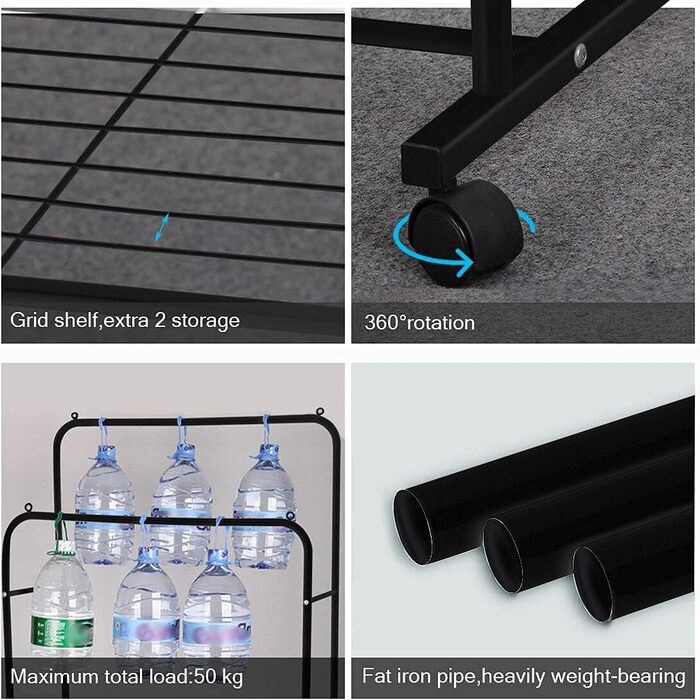 Clothes Rack, Rolling Garment Rack with 2 Clothes Rods, 2 Shelves for Boxes (Black)