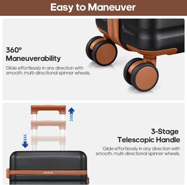 Набір валіз UKEIN 3 шт. з жорстким корпусом, для подорожей, з TSA замком та спіннер колесами. Включає рюкзак та косметичку. (Чорний/Коричневий)