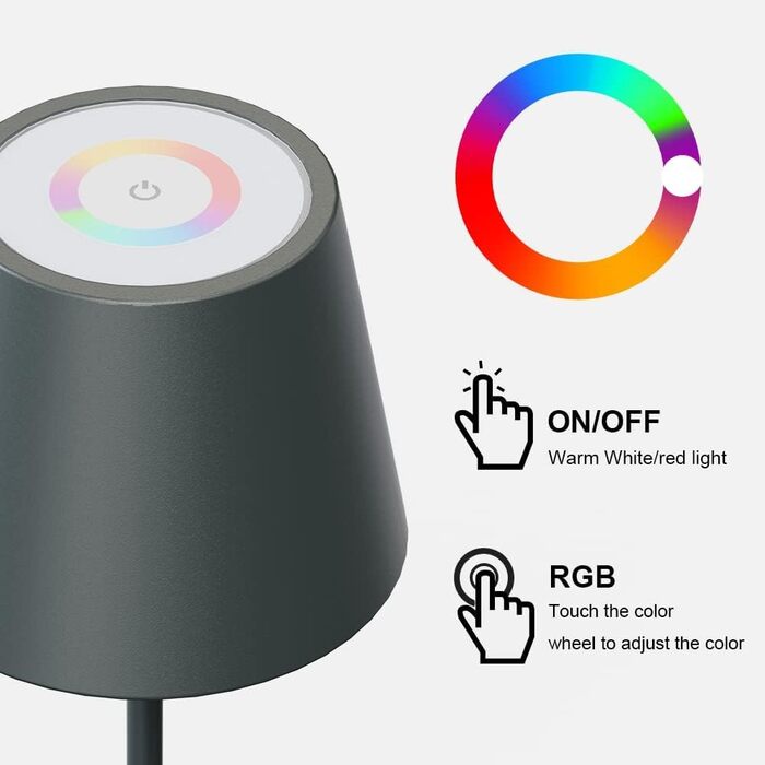 MALUX Бездротова LED лампа настільна з сенсорним керуванням, 8 кольорів, RGB, металева, акумуляторна, IP54, для дому та саду, сіра