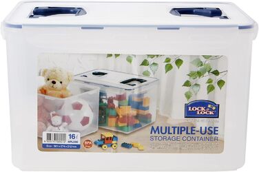 LocknLock PP CLASSIC Storage Box with Lid and Handles | 16 L, 361 x 274 x 212 mm | 100% Airtight | Semi-Transparent Storage Container | Storage Box with Lid for Household Items