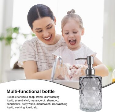 Дозатор мила скляний для ванної кімнати, наповнюваний помповий дозатор для кухні з нержавіючим тримачем, 2 підставки, 330 мл, вінтажний дозатор мила з матовим насосом (сірий)