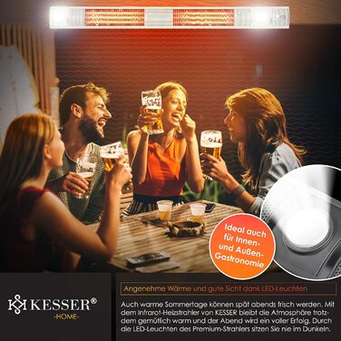 Інфрачервовий обігрівач KESSER® 3000W з LED-підсвічуванням та Wi-Fi, для тераси, кафе, бару, з пусковим пристроєм та захисним чохлом. Кварцовий настінний обігрівач (срібний)
