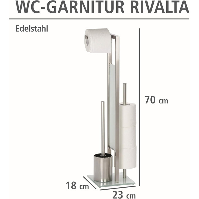 Набір для туалету WENKO Rivalta з інтегрованим тримачем туалетного паперу та щіткою для унітазу, нержавіюча сталь, 23 x 70 x 18 см, сріблястий матовий, матовий/білий/чорний