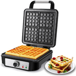 YASHE Belgian Waffle Maker - 4 Square Waffle Plates, 1200W, Non-Stick Coating, Adjustable Browning Control, Overflow Prevention, Silver/Black