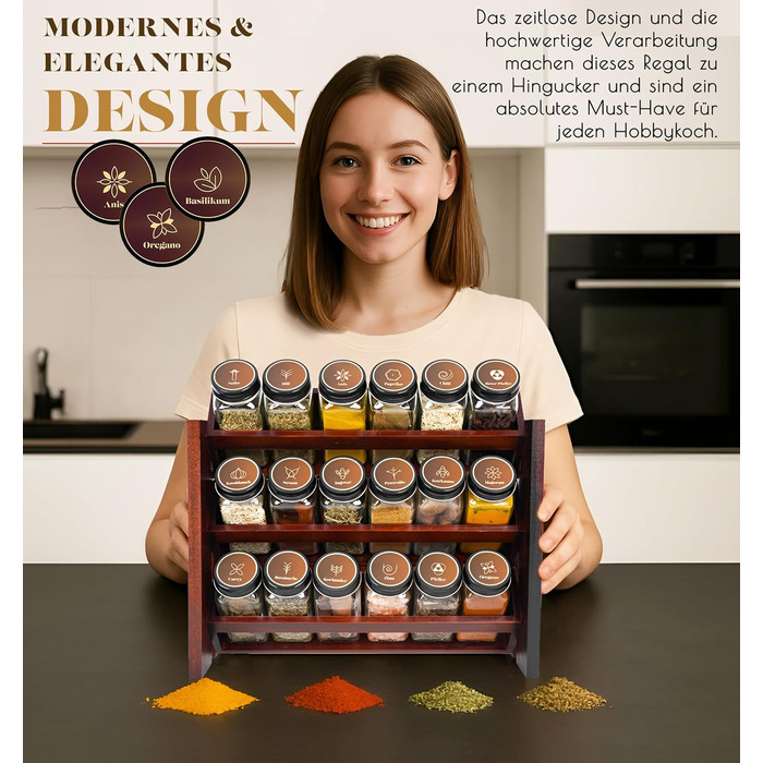Elegant dark spice rack, wood, standing & wall mounted. 18 SPICE JARS, 25 LABELS. Spice organizer, spice rack, kitchen shelf, wood, vintage. Spice rack - spice rack system hanging - spice storage