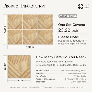 Акустичні настінні панелі Soon Global для звукоізоляції, декоративні поглинаючі панелі з дерева, 121,9 x 81,3 см, колір Блакитно-зелена аура