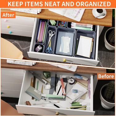 45-Piece Drawer Organizer for Office with 3 Sizes, Vanity Makeup Organizer Drawer, Storage Desk Organizer Drawer System for Kitchen, Bedroom, Bathroom, Office, Grey (4 - Sizes, Grey (25-Piece))