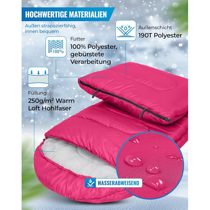 Сплячий мішок KingCamp Oasis для кемпінгу, 3-4 сезони, водовідштовхувальний, легкий, для дітей та дорослих, рожевий, Zip 220×75 см