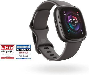 Fitbit Sense 2 – Розумний годинник для жінок та чоловіків – Фітнес-трекер з GPS, телефоном, аналізом стресу, ЕКГ та сном – сумісний з Android/iOS (Графіт / Алюміній)