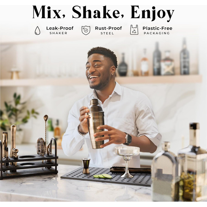 Набір бармена BARE BARREL®: 14 предметів для приготування коктейлів, шейкер Schuster (680 мл), аксесуари для бару, 35 рецептів, подарунковий набір