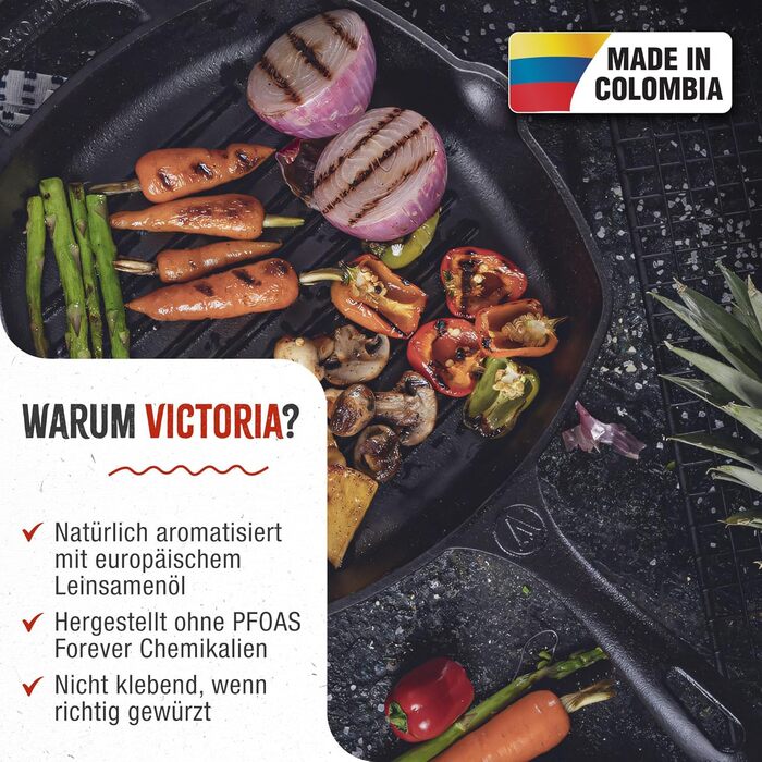 Сковорода-гриль VICTORIA 25x25 см, чавунна, для індукції, духовки, гриля, безпечна, без PTFE і PFOA