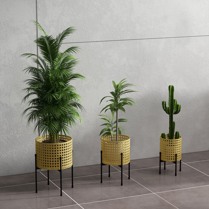 Outsunny 3-Piece Plant Stand Flower Stand with Rattan Look Made of Steel in Gold for Indoor & Outdoor