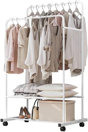 Rolling Clothes Rack, Metal Garment Rack with 2 Shelves, 2 Clothes Rods, for Shop Bedroom Dressing Room, White